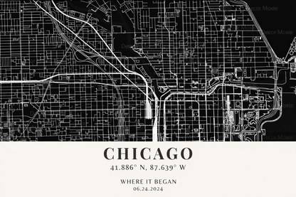 Black and white map of Chicago with coordinates and date text.