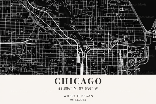 Black and white map of Chicago with coordinates and date text.