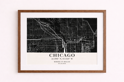 Framed black and white map of Chicago on a white wall