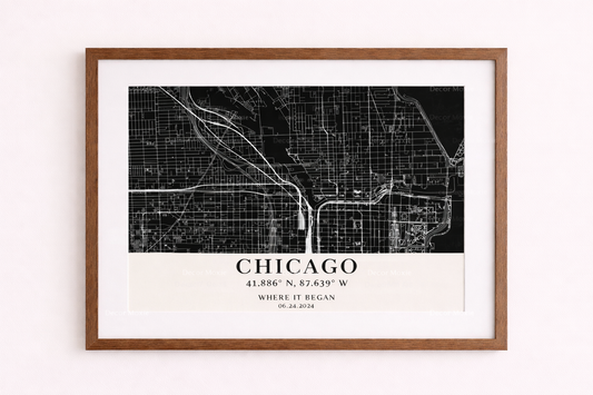 Framed black and white map of Chicago on a white wall