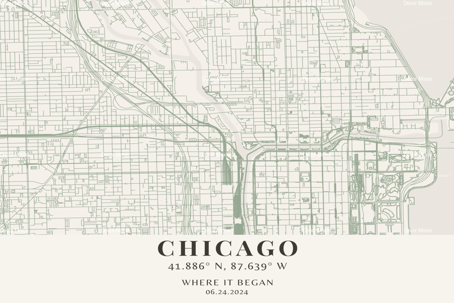 Map of Chicago with coordinates and date text on a white background