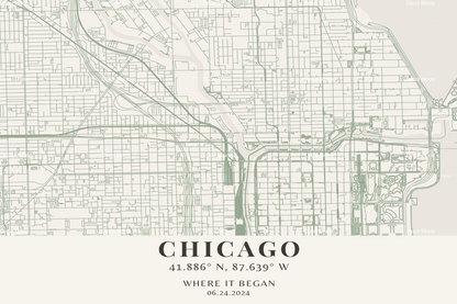 Map of Chicago with coordinates and date text on a white background