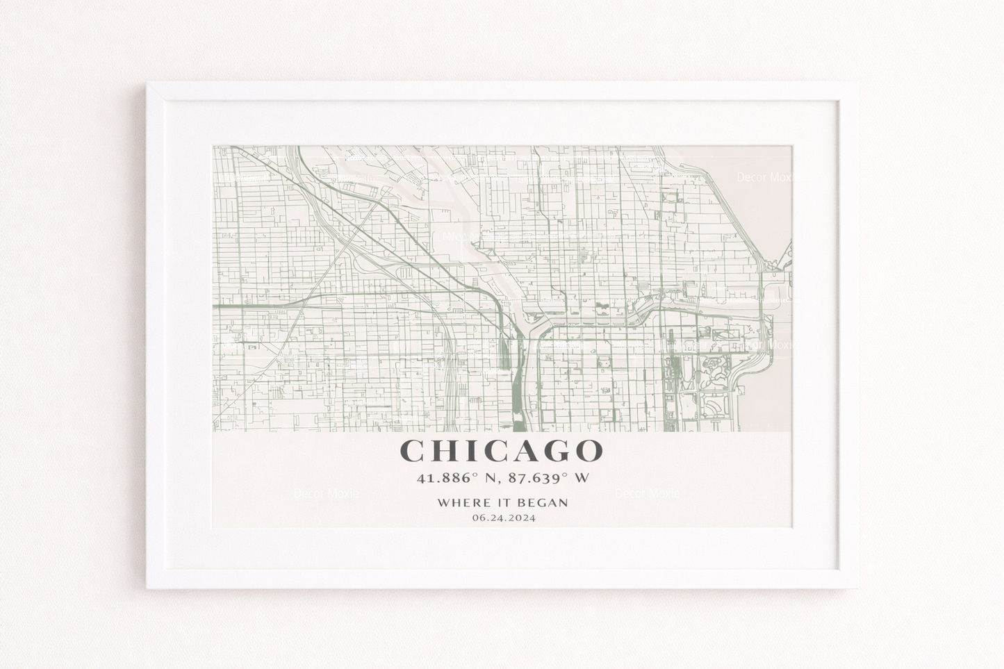 Framed black and white map of Chicago on a light background