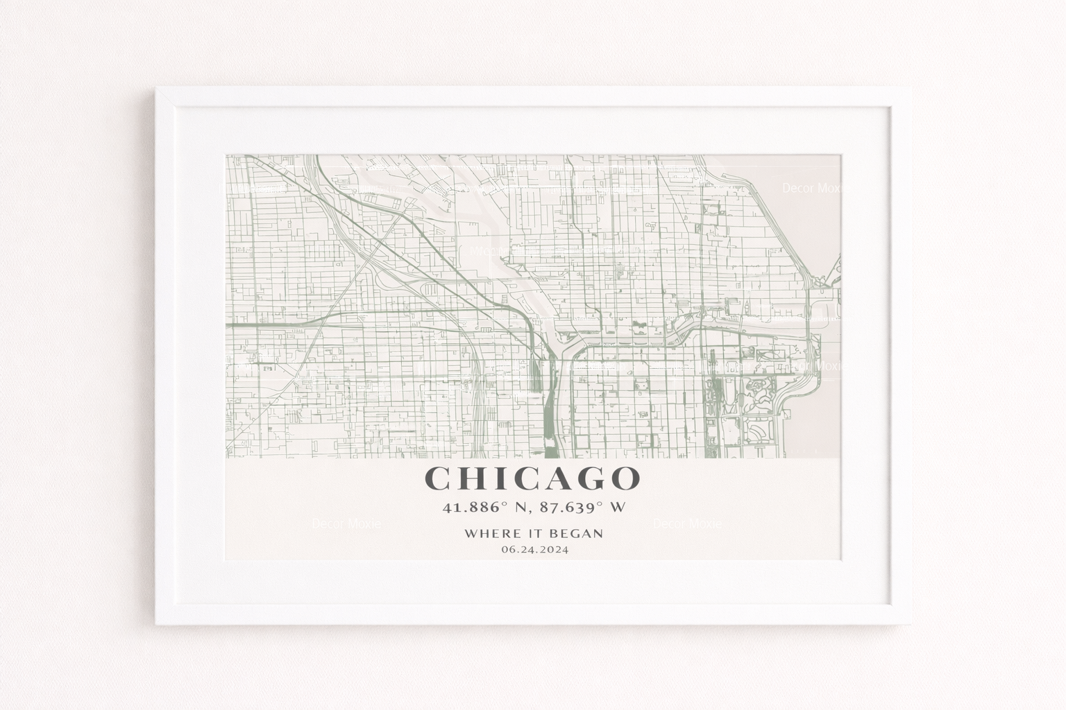 Framed black and white map of Chicago on a light background