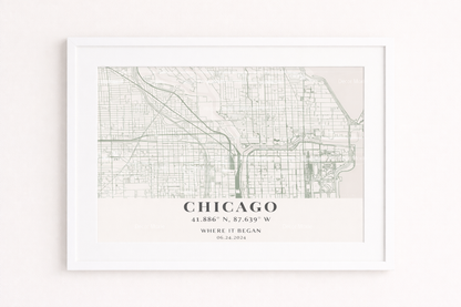 Framed black and white map of Chicago on a light background