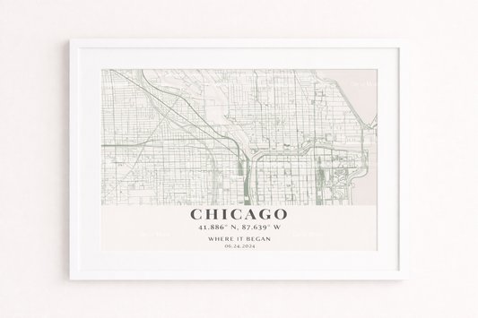 Framed black and white map of Chicago on a light background