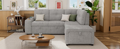Light Grey Corduroy Sectional Sofa Bed with Built-in USB, Storage, and Movable Ottoman