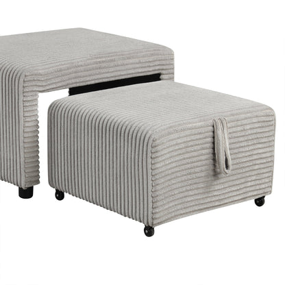 Light Grey Corduroy Sectional Sofa Bed with Built-in USB, Storage, and Movable Ottoman