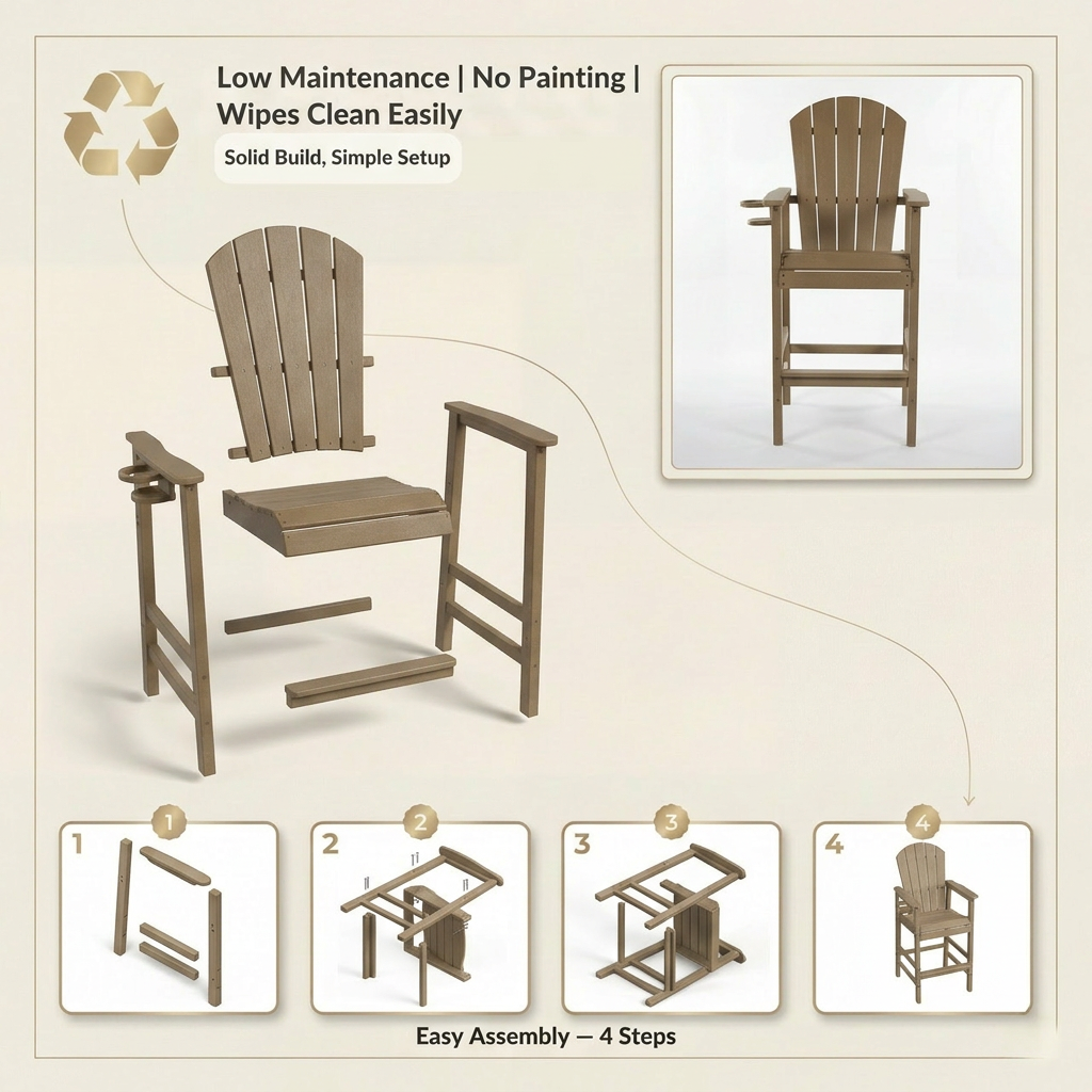 All-Weather HDPE Bar Height Adirondack Chair with Cup Holder