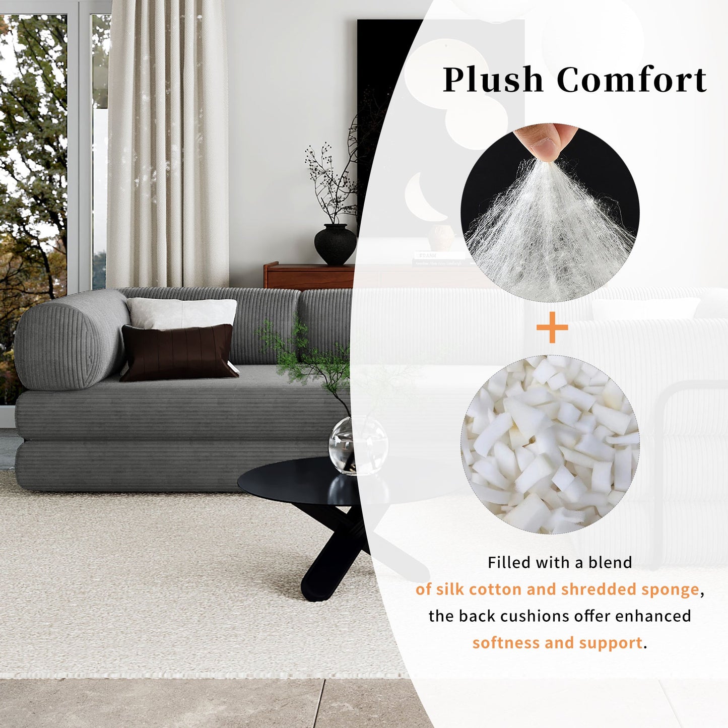 4-Seat Modular Sectional Sofa in Gray Corduroy - Converts to Guest Bed (No Assembly)