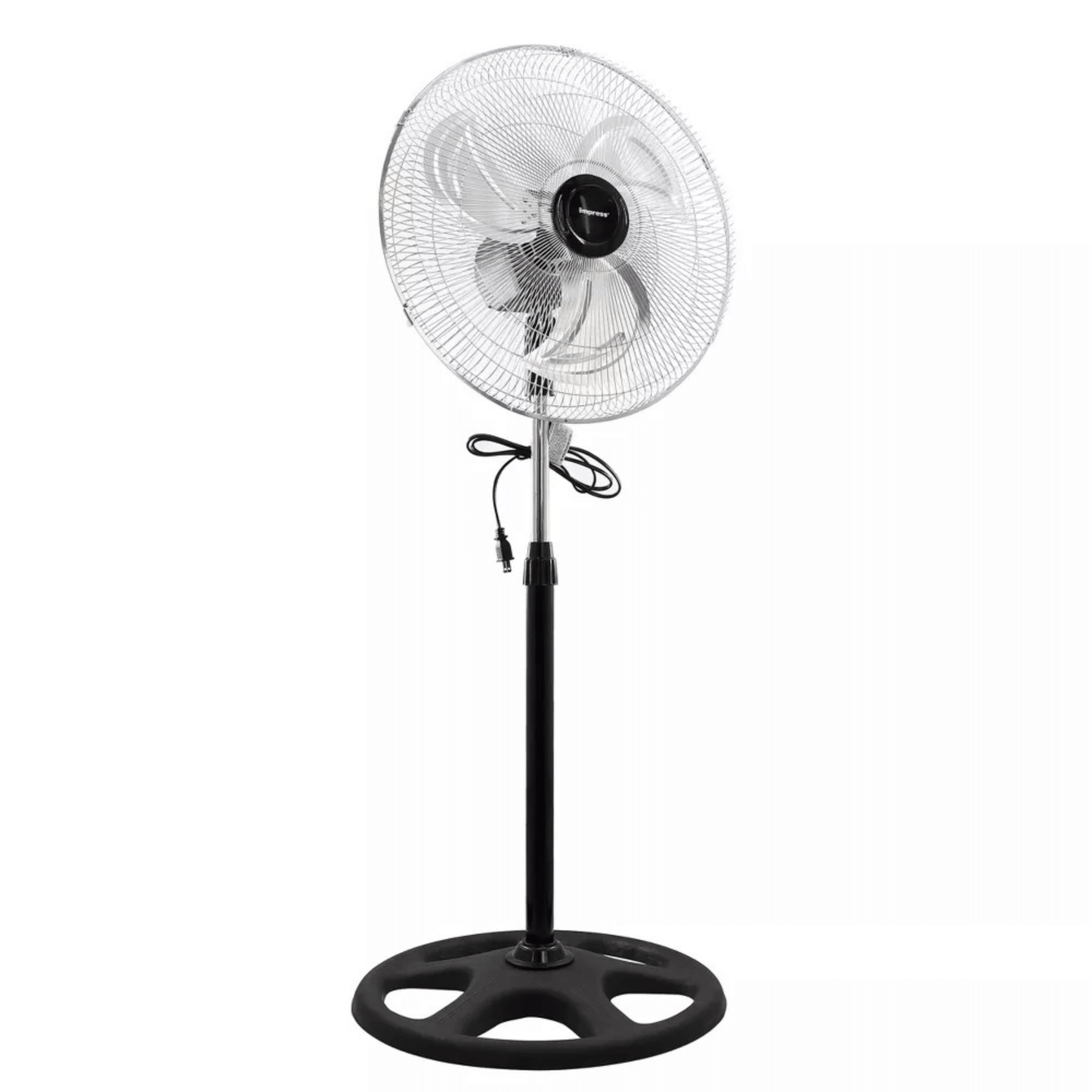 Black and white standing fan on a white background