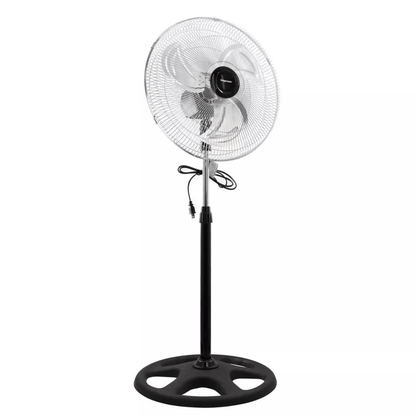 Black and white standing fan on a white background