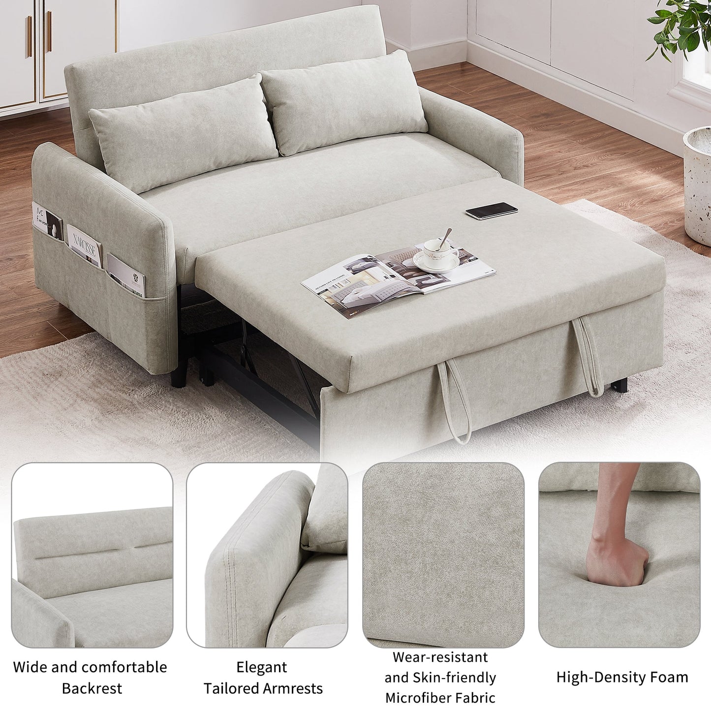 Beige sofa bed in a room with wooden floor and white walls, showing features like wide backrest, elegant armrests, wear-resistant fabric, and high-density foam.