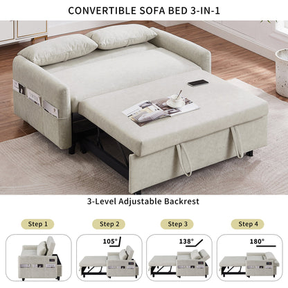 Beige convertible sofa bed with adjustable backrest in a room setting