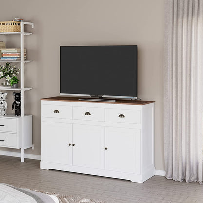 Modern Farmhouse Buffet Cabinet | White with Gold Knobs, Wine Storage, Adjustable Shelves