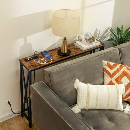 Rustic Brown Entry Table with USB and Outlet Plugs