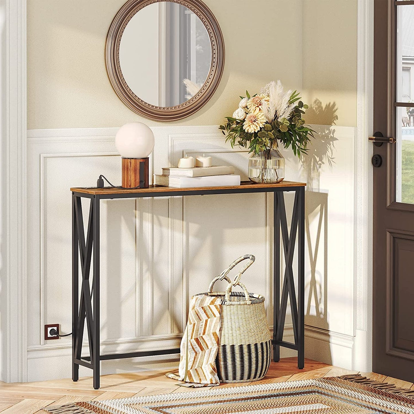 Rustic Brown Entry Table with USB and Outlet Plugs