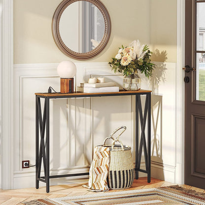 Rustic Brown Entry Table with USB and Outlet Plugs