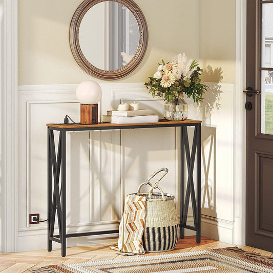 Rustic Brown Entry Table with USB and Outlet Plugs