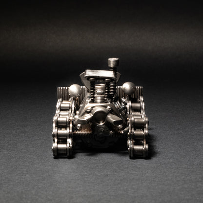 Upcycled steel bulldozer statue with rustic industrial charm