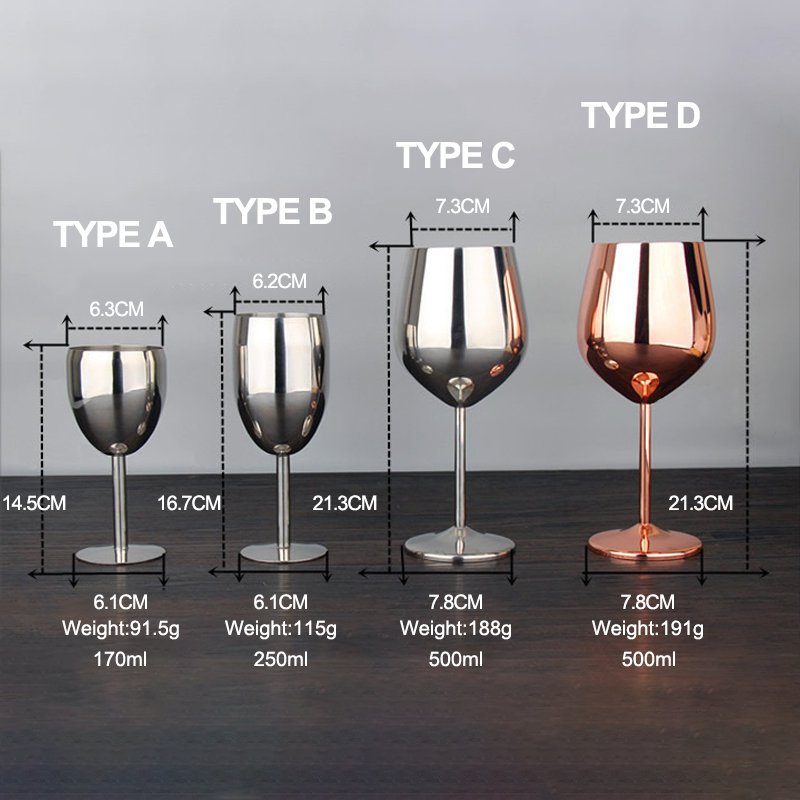 Four types of wine glasses with measurements and weights on a gray background