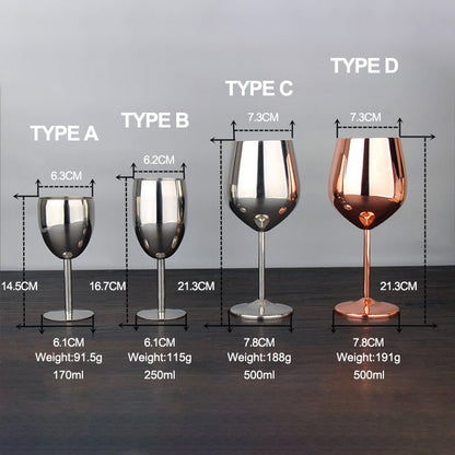 Four types of wine glasses with measurements and weights on a gray background