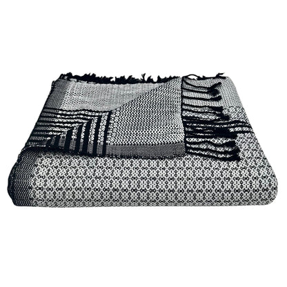 90-inch handloom organic cotton throw with floral stripes and fringe