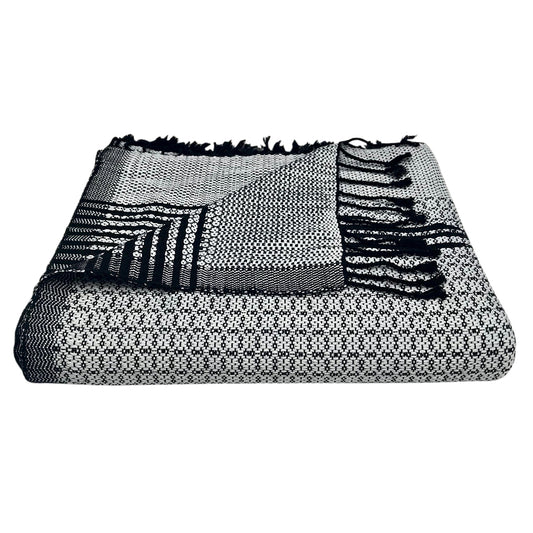90-inch handloom organic cotton throw with floral stripes and fringe