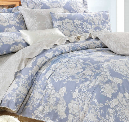 Light Blue & Silver Damask Cotton Comforter Set – All-Season