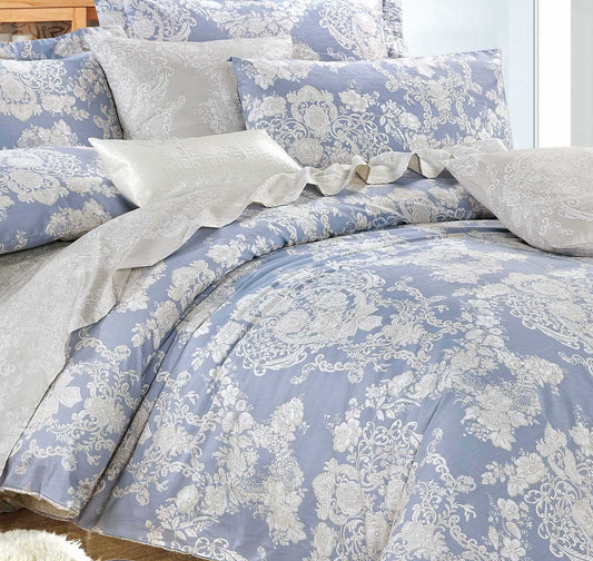 Light Blue & Silver Damask Cotton Comforter Set – All-Season