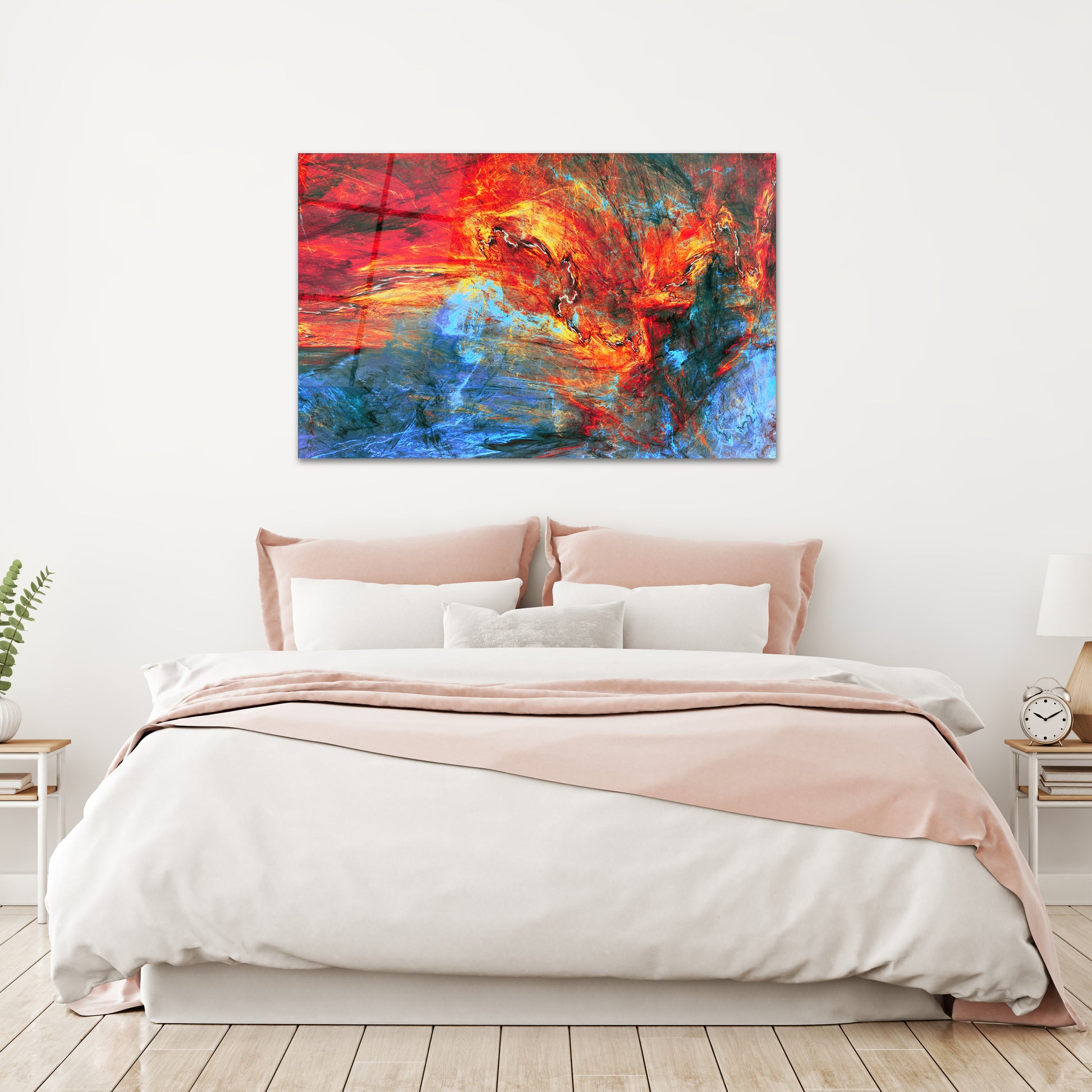 Abstract red and blue lava glass wall art with fractal design - modern home decor