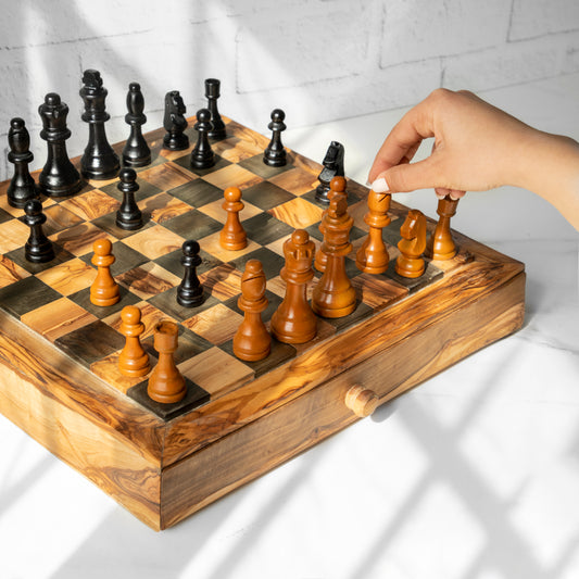 Tunisian Olive Wood Chessboard with One Large Drawer