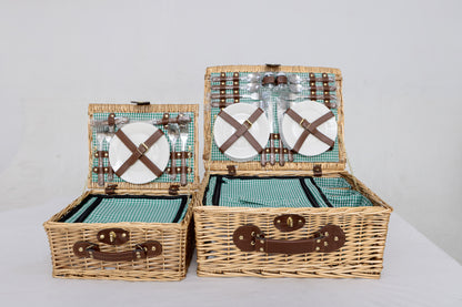 Wicker Picnic Basket Set for Four: Gingham Liner, Willow Hamper