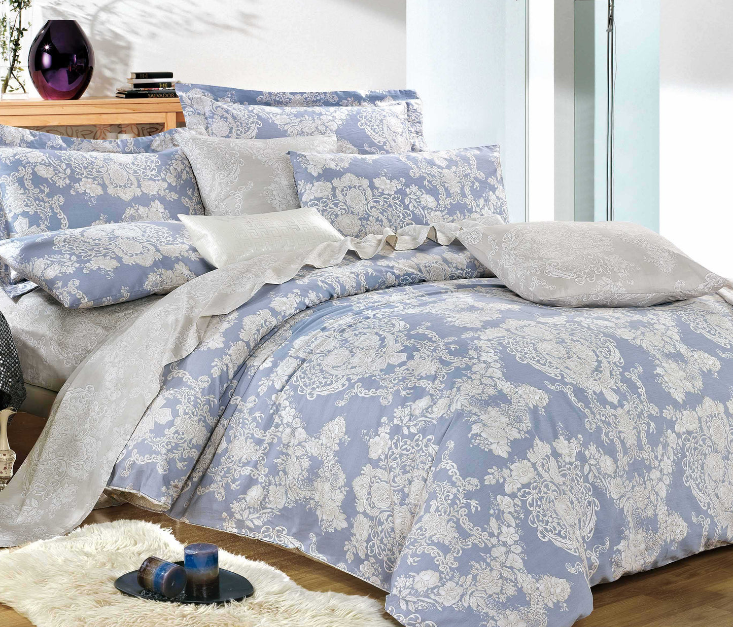 Light Blue & Silver Damask Cotton Comforter Set – All-Season