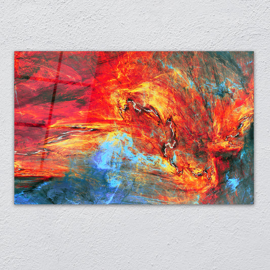 Abstract red and blue lava glass wall art with fractal design - modern home decor