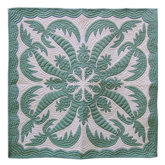 Seafoam green Hawaiian quilt with coconut and pineapple design (42x42 inches)