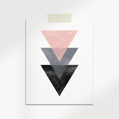 Geometric triangle art print in pink, gray, and black on a white background