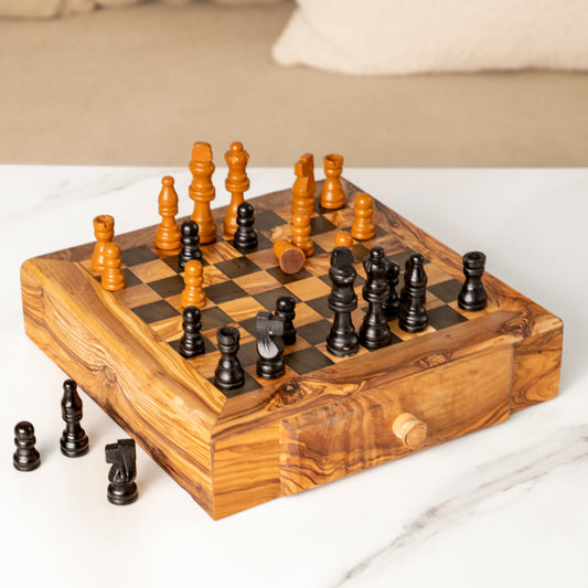Handcrafted Olive Wood Chessboard with Drawers