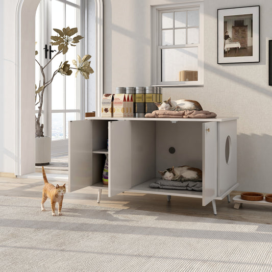White Cat Litter Box Enclosure with Storage & Hidden Plug