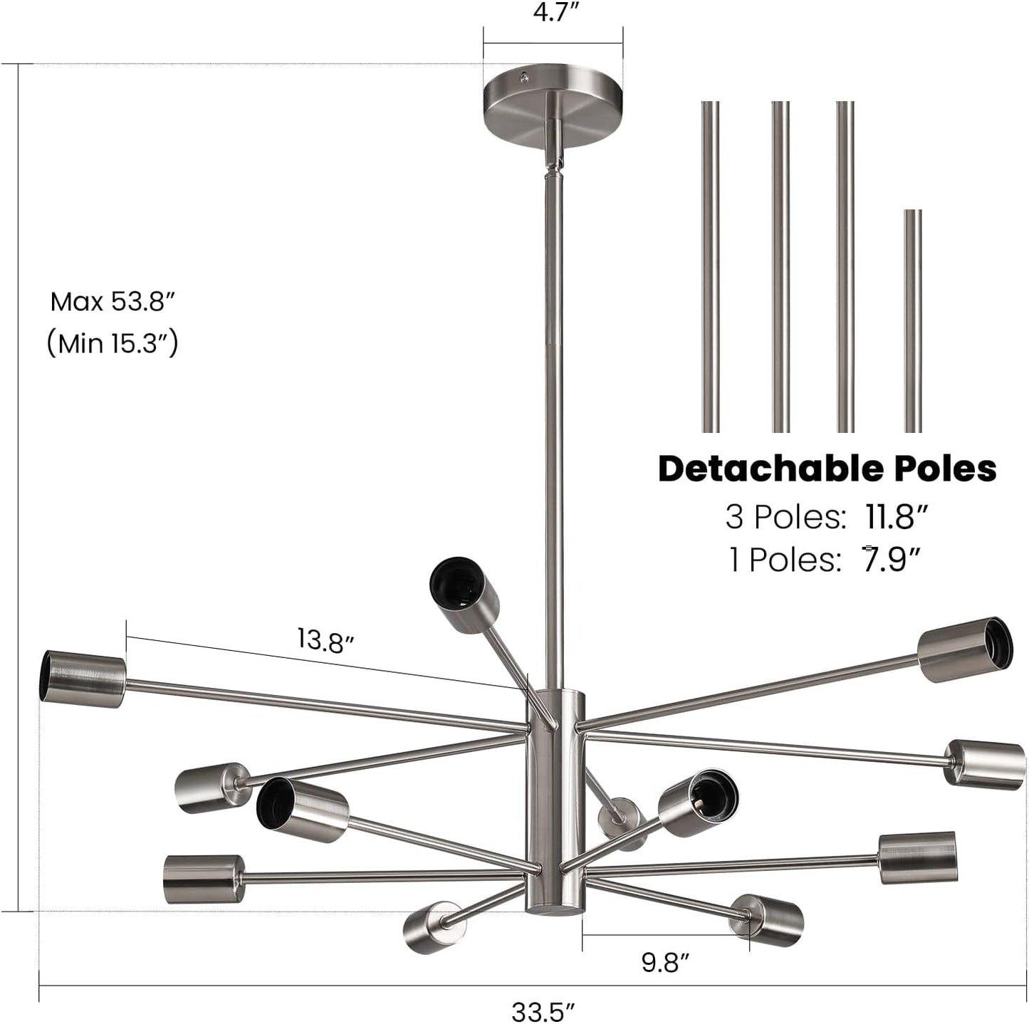 Modern 12-Light Chandelier, 12 Lights Brushed Nickel