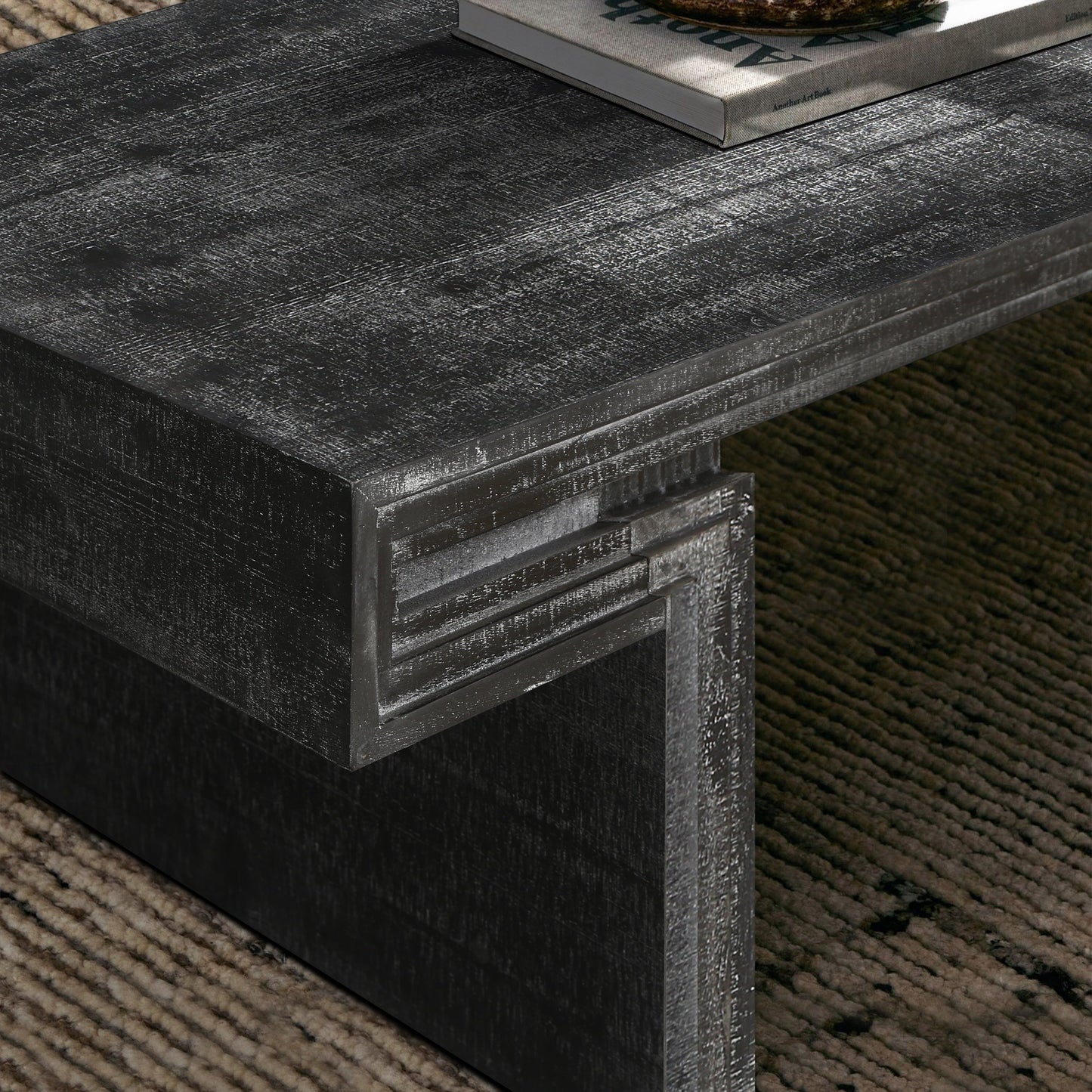 American Vintage Industrial Coffee Table, Premium Reclaimed Lacquered Black Wood Replica