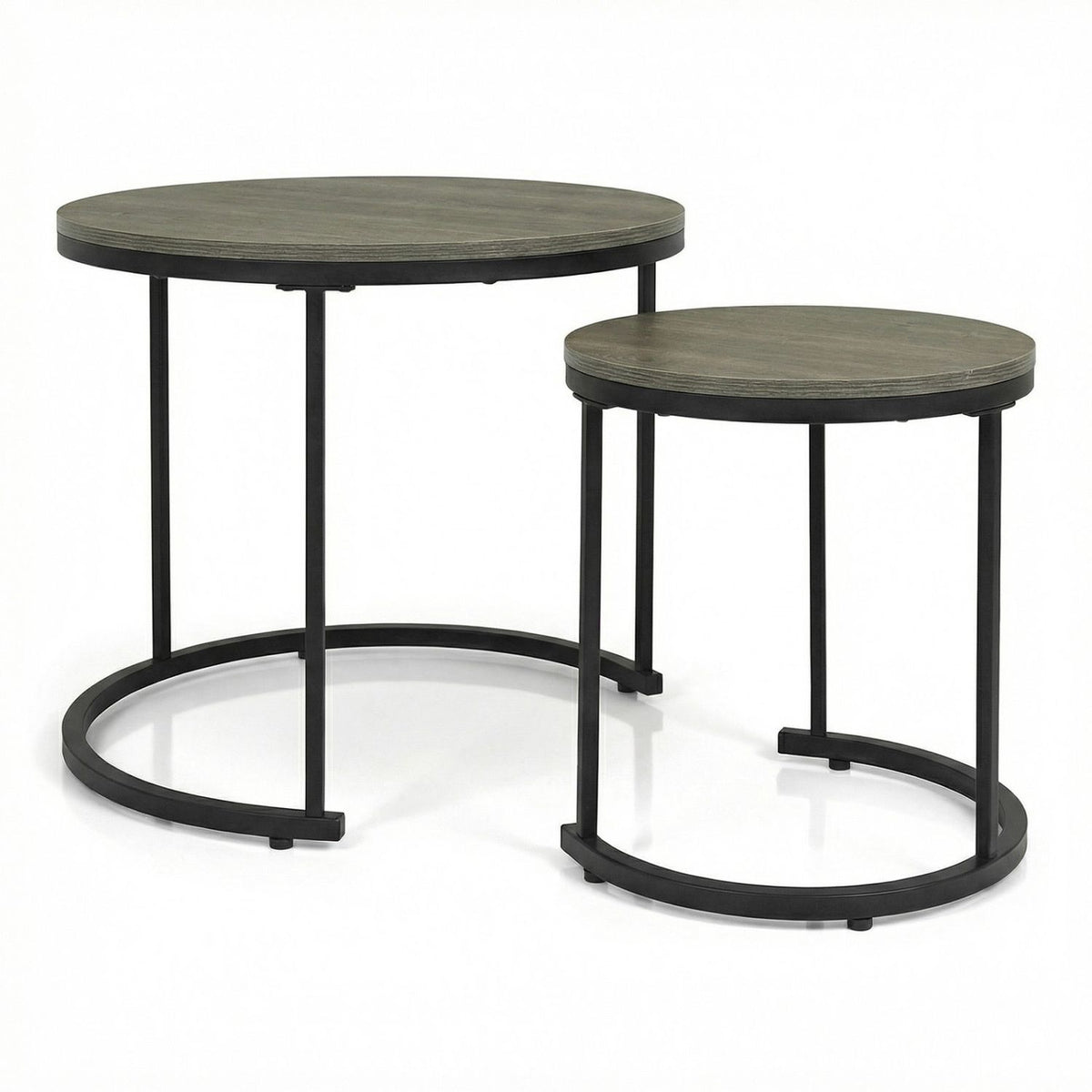 Two nesting round nesting tables with gray wood-look tops and black metal circular frames, shown on a white studio background.