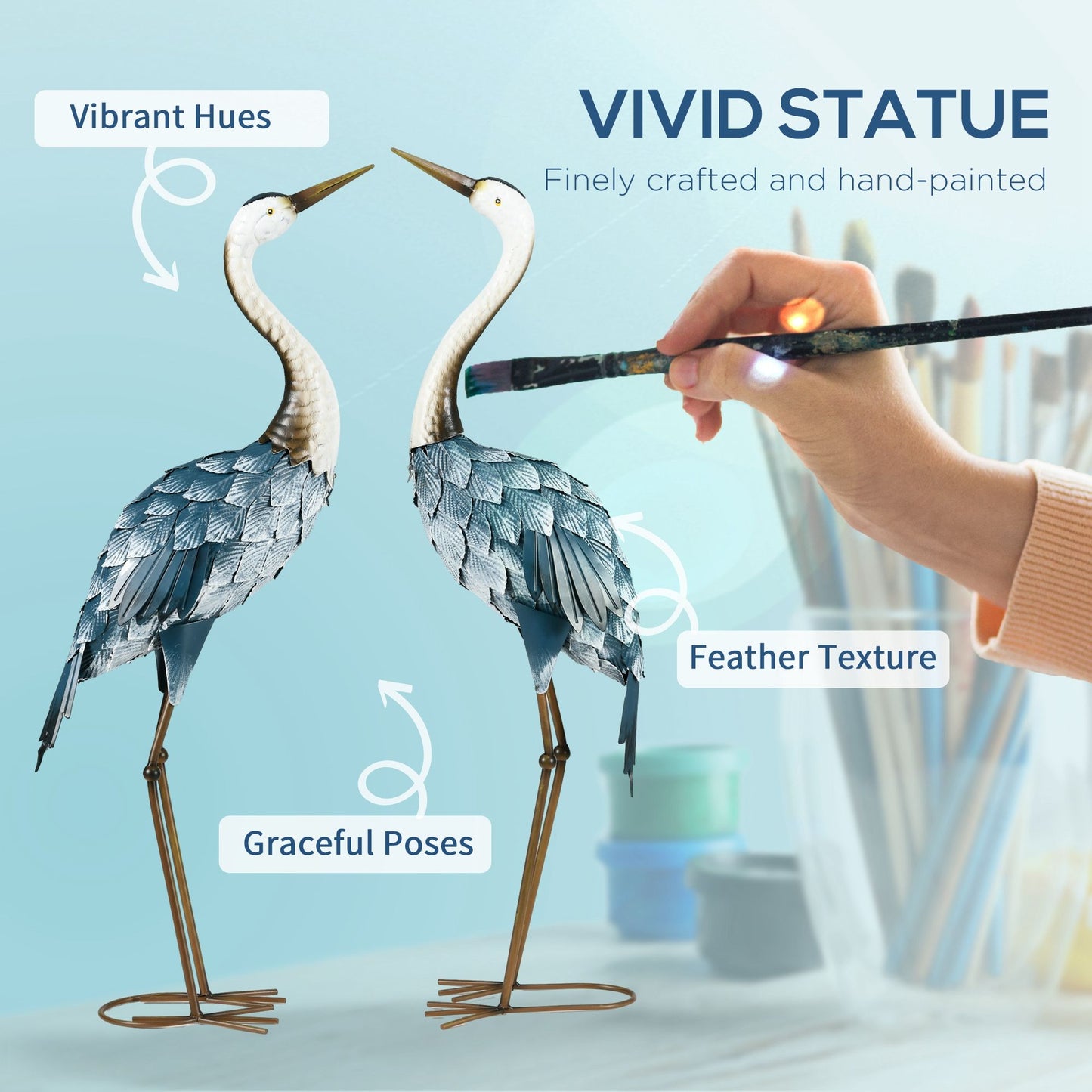 Decorative statues of herons being painted with text highlighting features like vibrant hues, feather texture, and graceful poses.