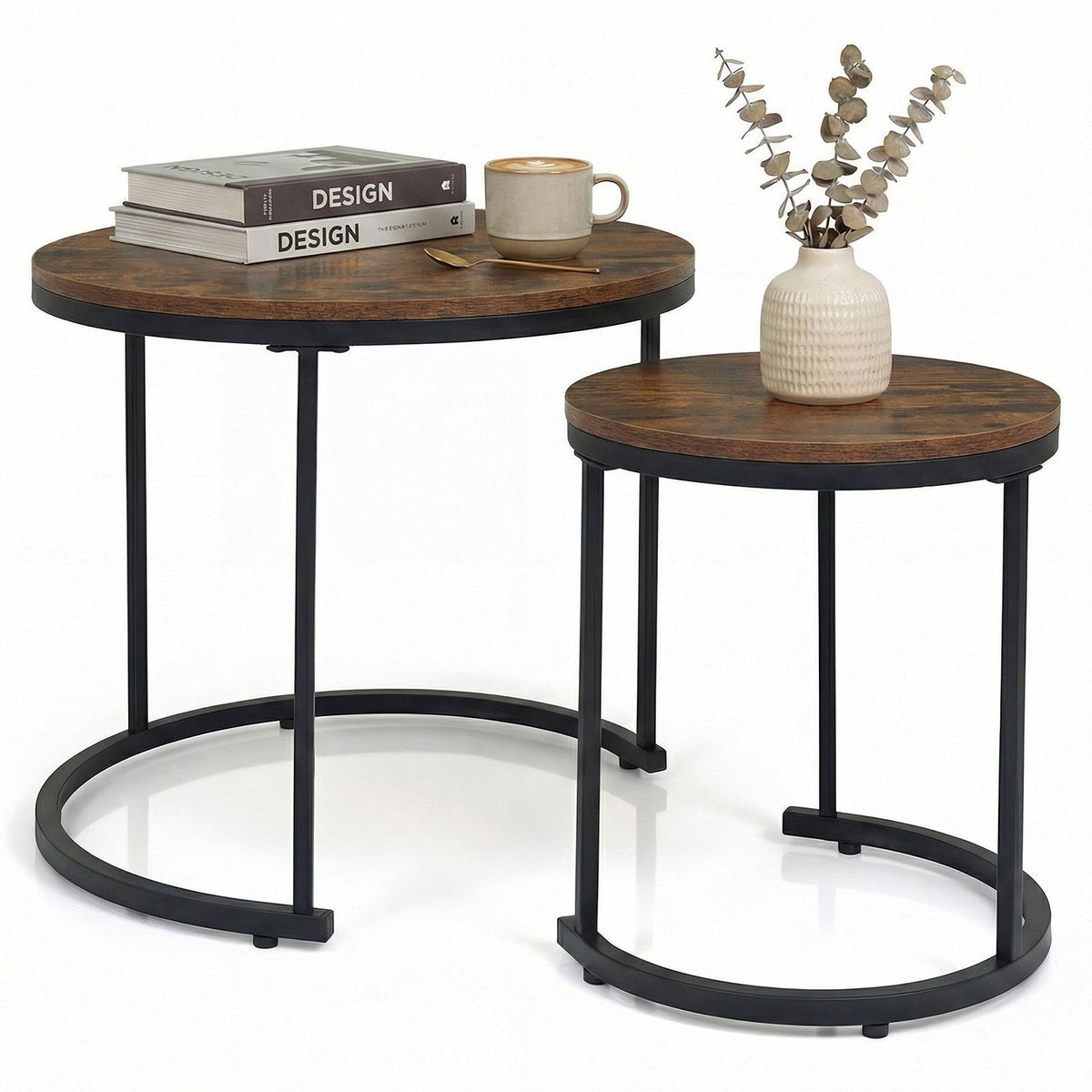 Set of two wooden side tables with black metal legs on a white background