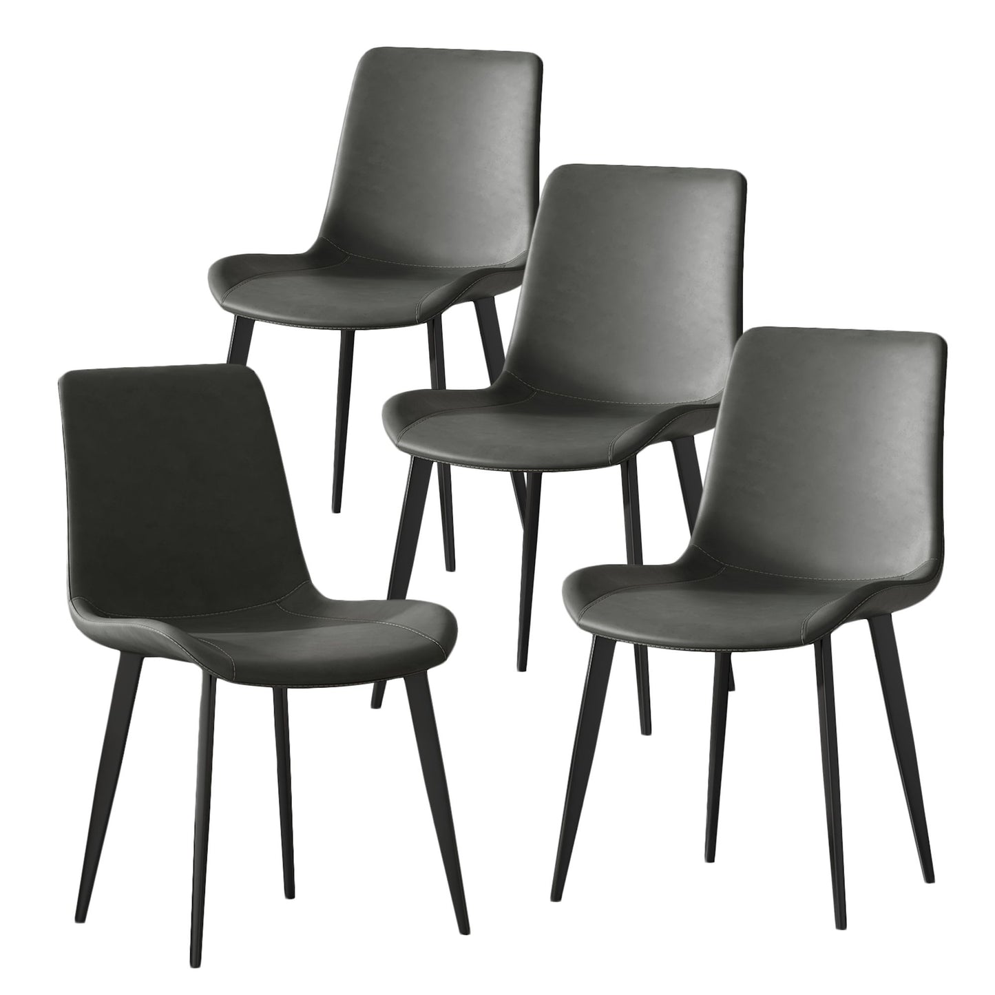 Four gray chairs with black legs on a white background
