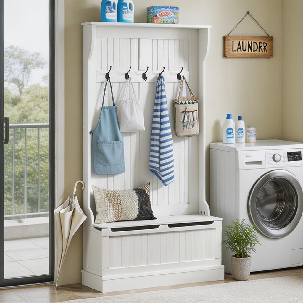 White laundry room with storage bench, hooks, and washing machine.