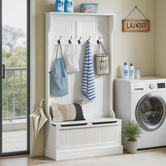 White laundry room with storage bench, hooks, and washing machine.