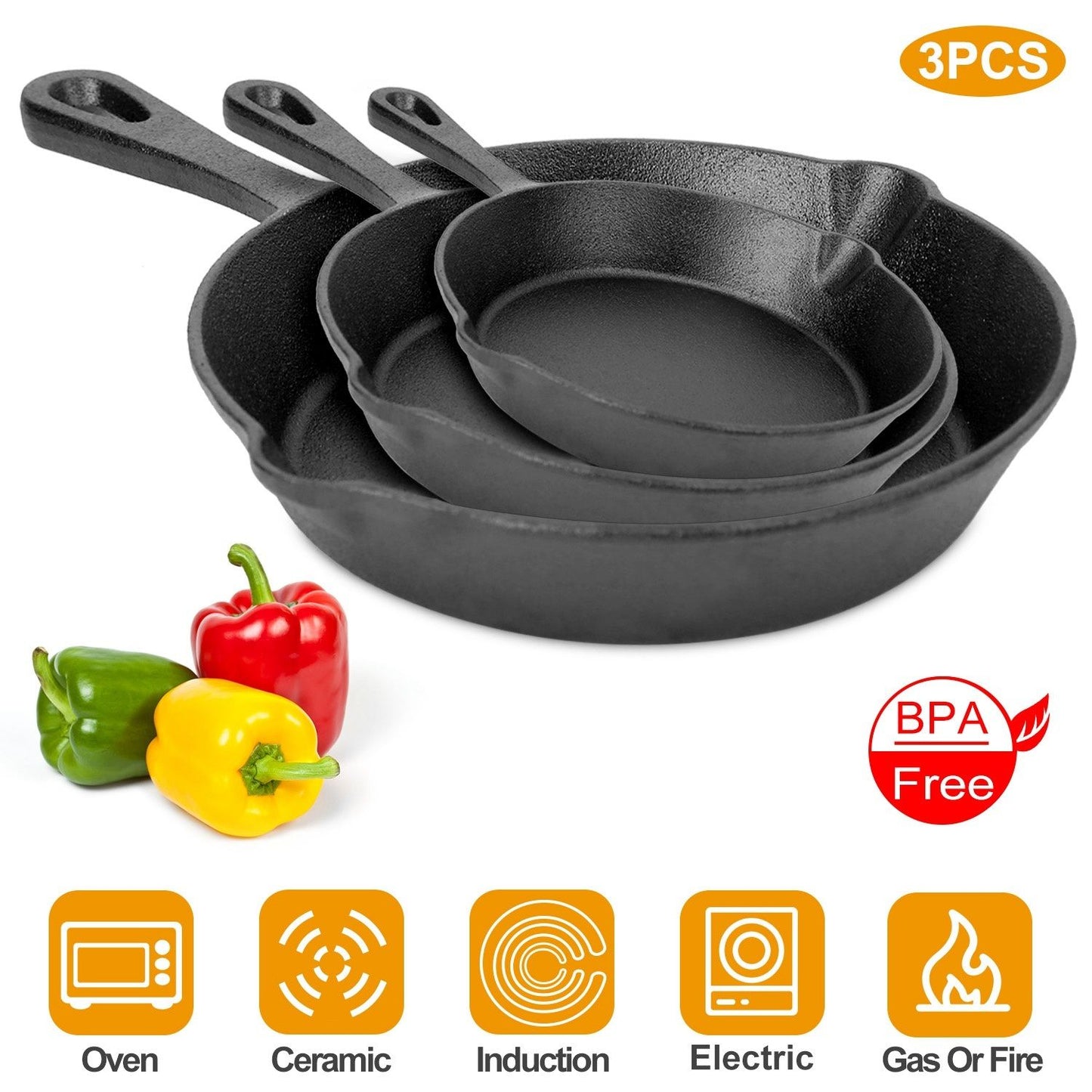 Set of three cast iron skillets with peppers and BPA-free label on a white background