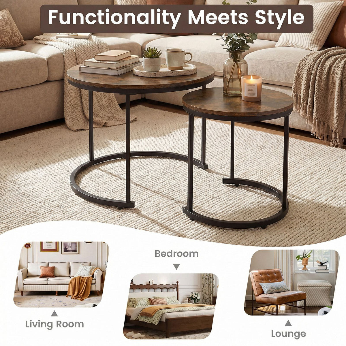 Two wooden side tables with metal legs in a living room setting, with text 'Functionality Meets Style' at the top.