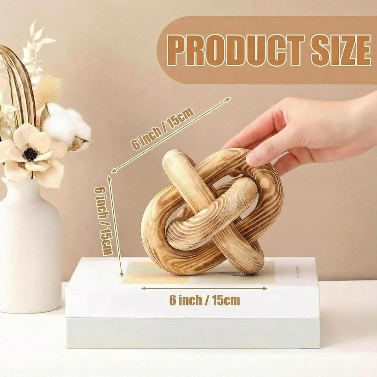 Wooden knot decorative item with measurement details on a neutral background